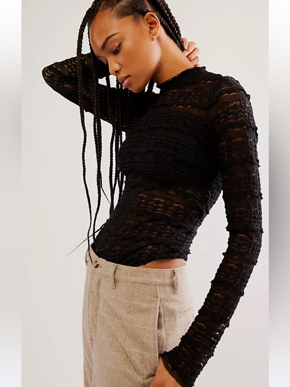 Free People Angelina Black Lace Bodysuit High Neck Back Keyhole L